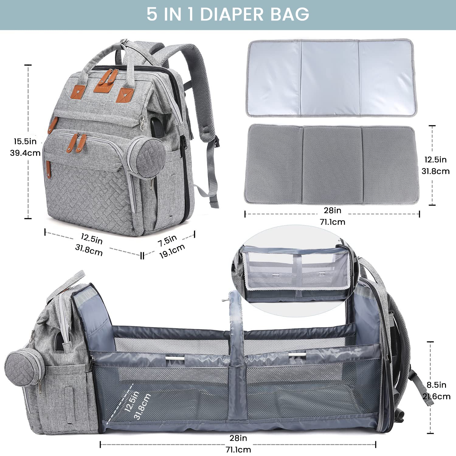All-in-One Diaper Bag / Nappy Bag with Fold-Out Changing Station